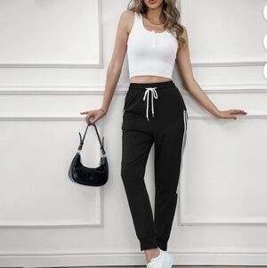 Sz XL Women's Black Jogger Pants White Stripes Thin Sweat Pants Yoga Workout